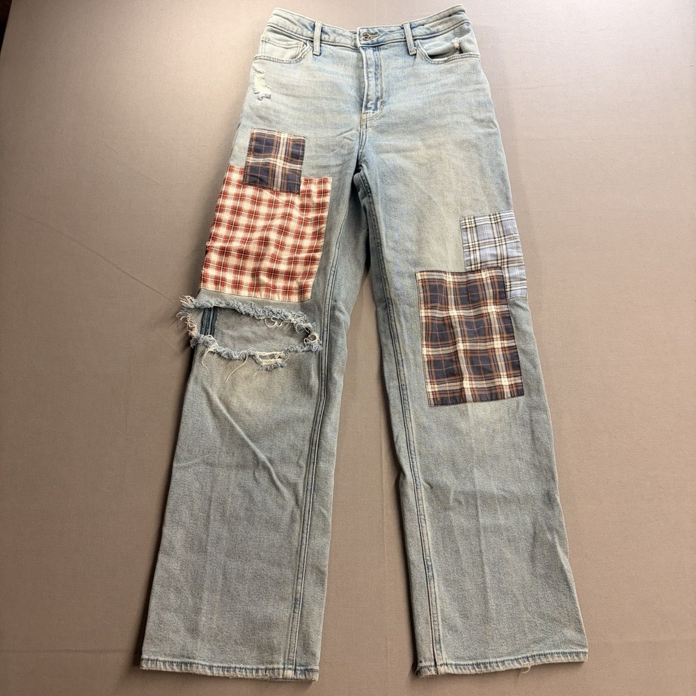 Hollister Ultra High Rise Dad Jeans 26 Plaid Patch Distressed Wide Leg Boho
